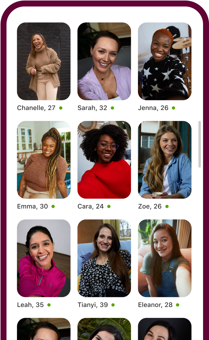 Badoo lietotne ar dažādu sieviešu profilu izklājumu.