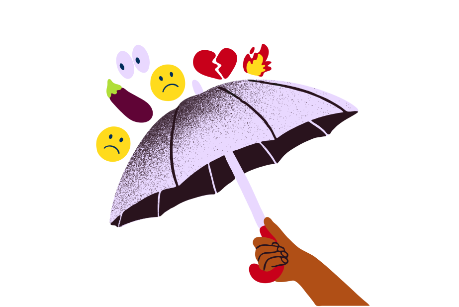 Ilustrasi payung diangkat untuk melindungi dari emoji negatif