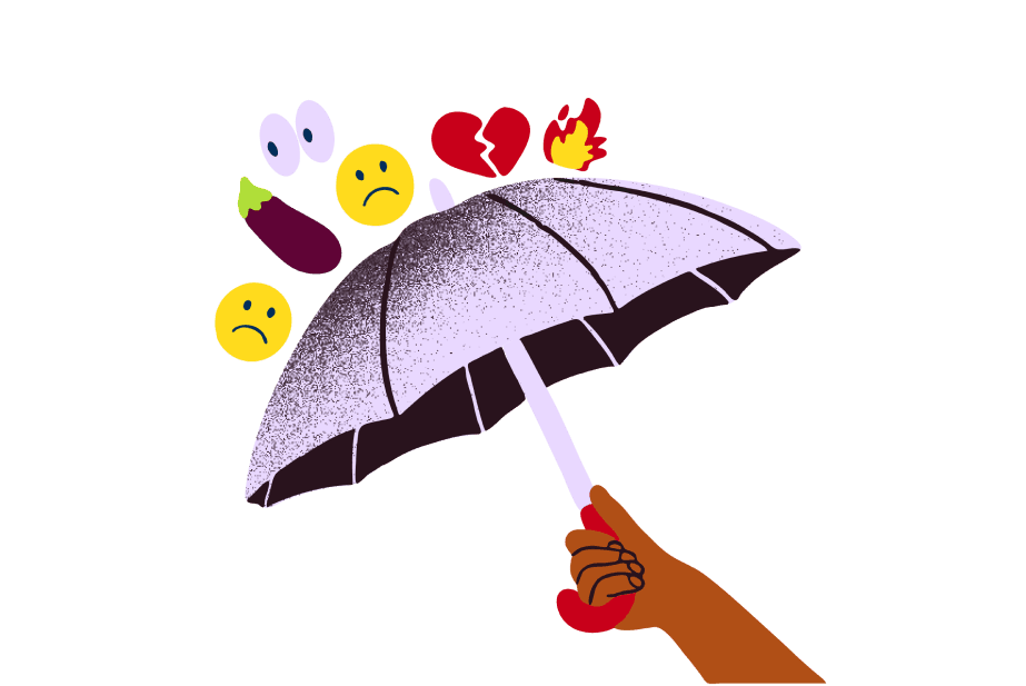 Ilustración de una sombrilla usada como escudo contra emojis negativos