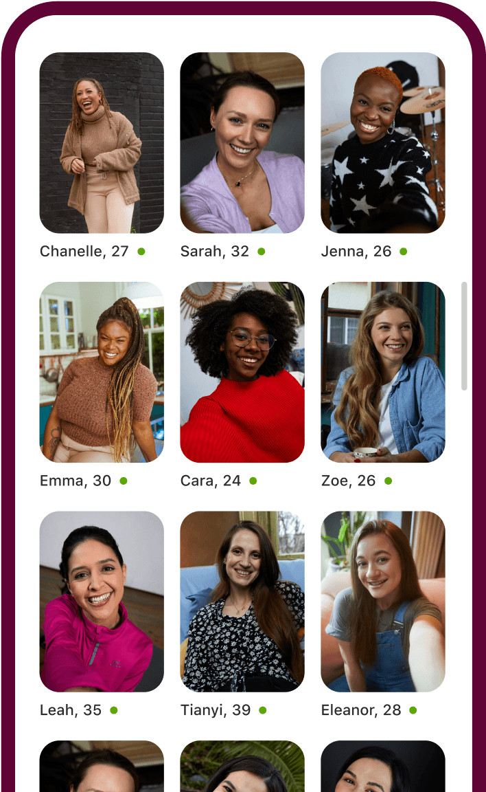 Badoo lietotne ar dažādu sieviešu profilu izklājumu.