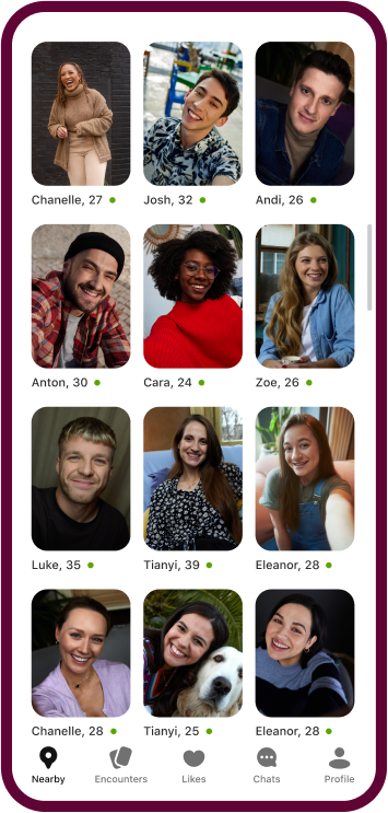 The Badoo app showing a grid of different women's profiles.