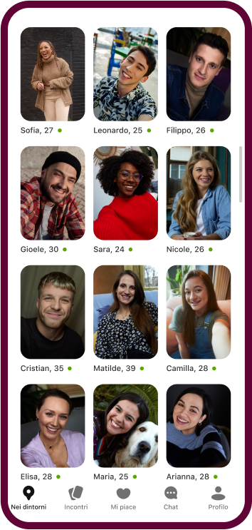 L'app di Badoo mostra una griglia contenente i profili di varie donne.